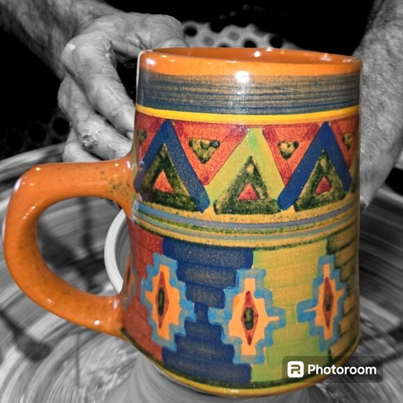 Art Pottery Mug Hand Made Painted Aztec Design Signed 18oz Preowned EUC - Picture 1 of 6